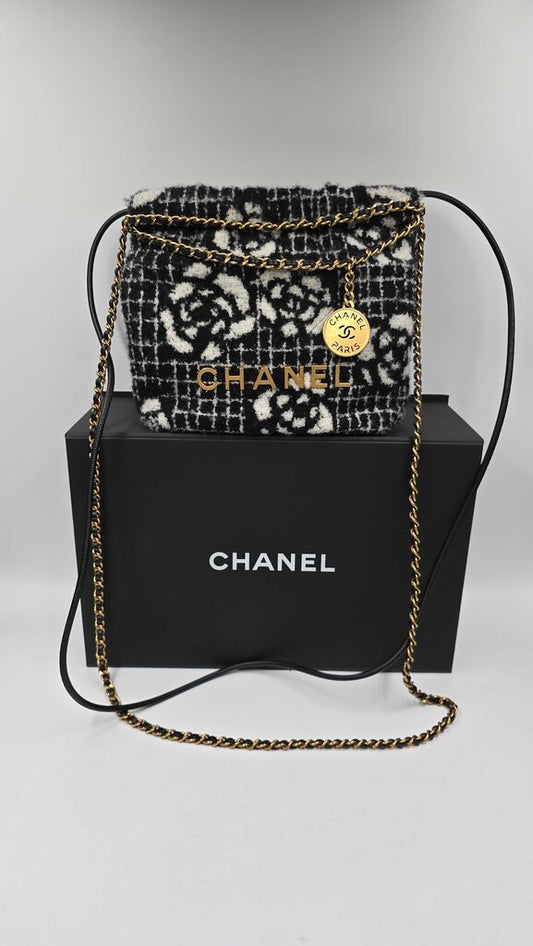 Chanel 22 Chain Hobo Quilted Camellia Cashmere Mini