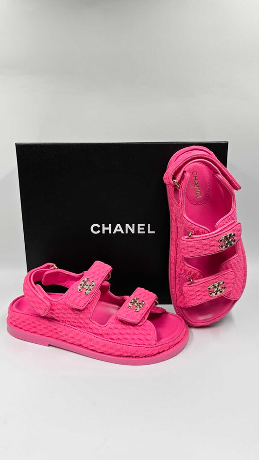 Chanel 22S Knit Fabric Velcro Dad Sandals