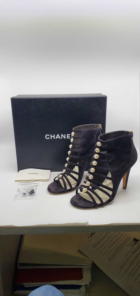 Chanel Suede Pearl Open Toe Caged Sandals