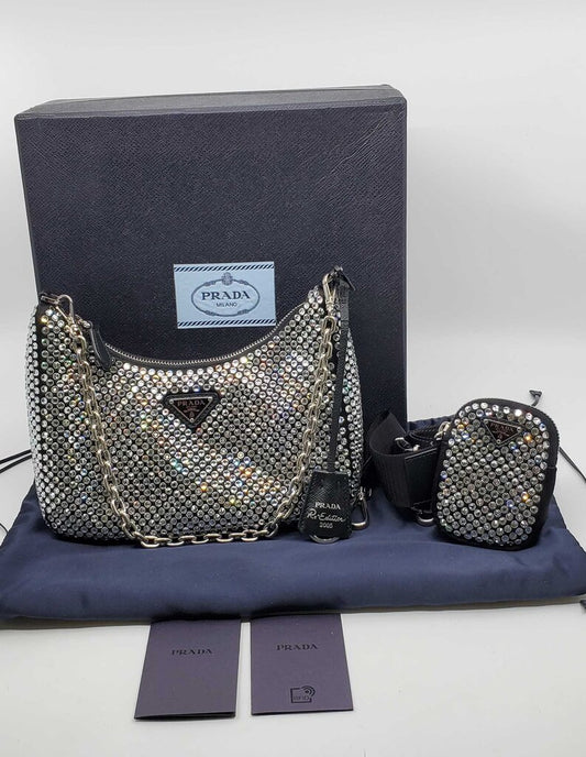 Prada Re-Edition 2005 Shoulder Bag Satin Crystal Embellished