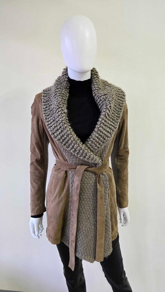 Gimo's Suede & Wool Shearling Belted Cardigan