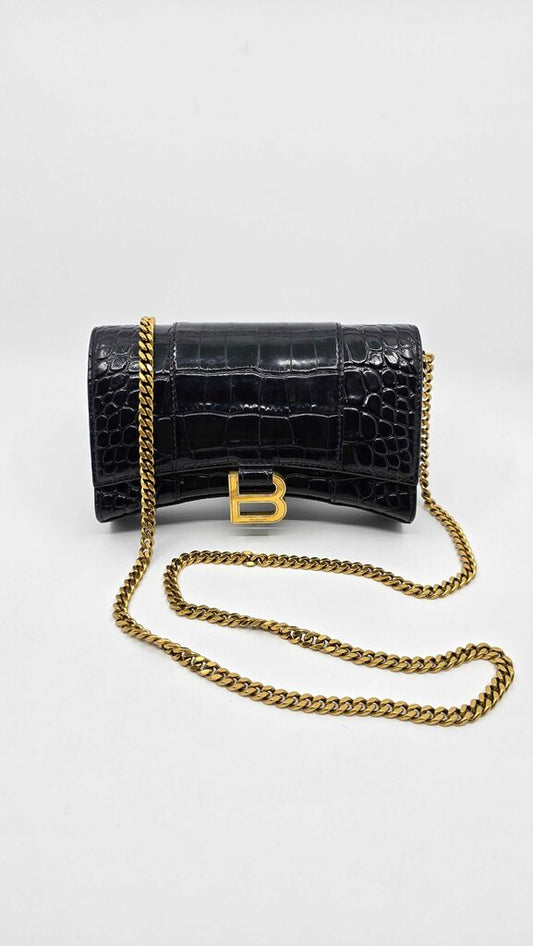 Balenciaga Hourglass Croc Embossed Leather Wallet on Chain