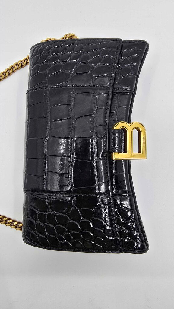 Balenciaga Hourglass Croc Embossed Leather Wallet on Chain