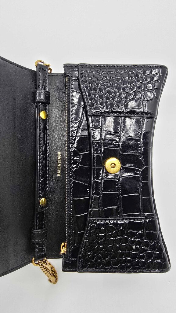 Balenciaga Hourglass Croc Embossed Leather Wallet on Chain