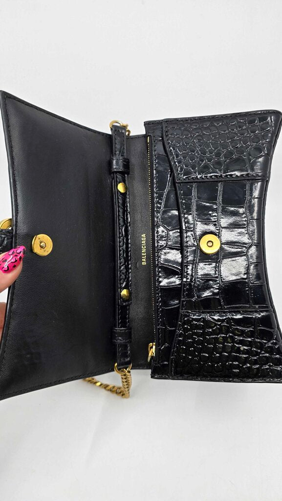 Balenciaga Hourglass Croc Embossed Leather Wallet on Chain