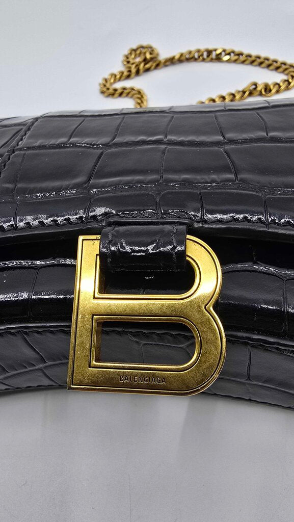 Balenciaga Hourglass Croc Embossed Leather Wallet on Chain