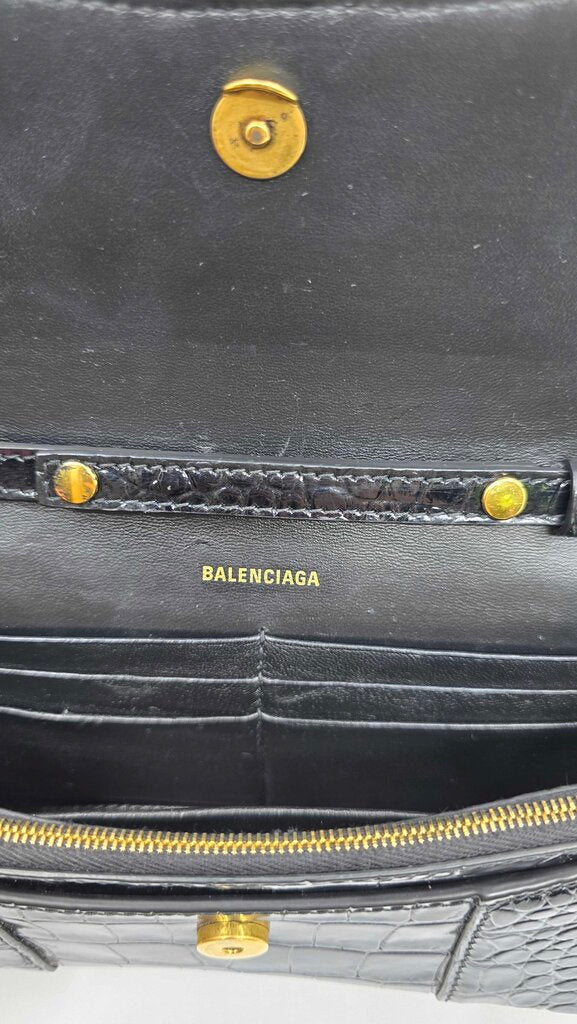 Balenciaga Hourglass Croc Embossed Leather Wallet on Chain