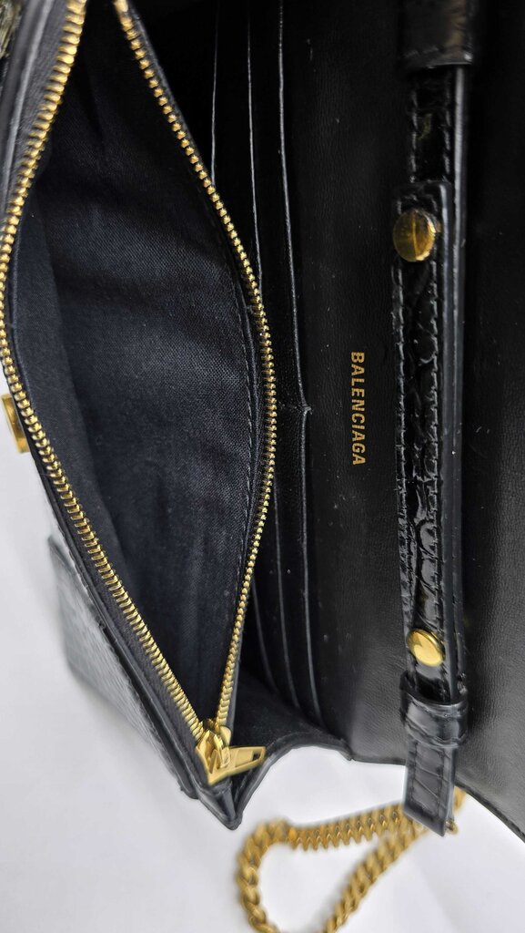 Balenciaga Hourglass Croc Embossed Leather Wallet on Chain