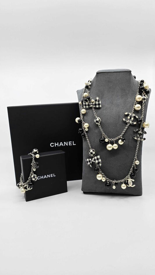 Chanel 2011 Cruise Pearl/Bow Gingham Necklace & Bracelet Set