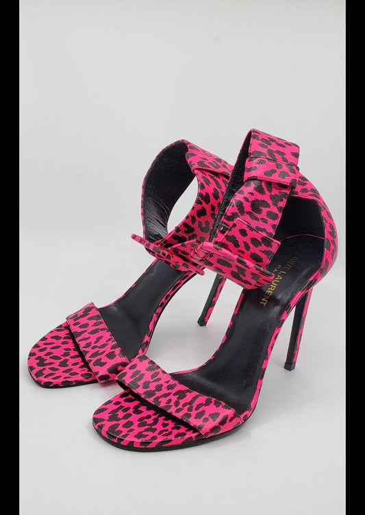 YSL Pink Leopard Heeled Sandals
