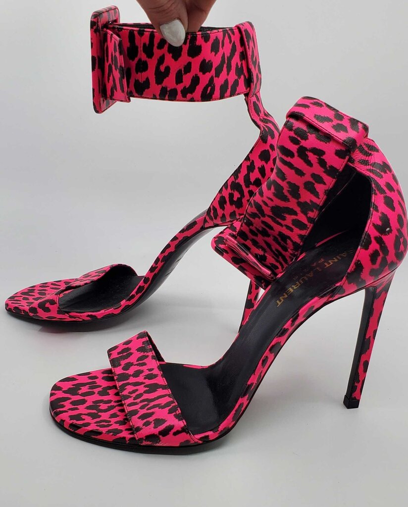 YSL Pink Leopard Heeled Sandals