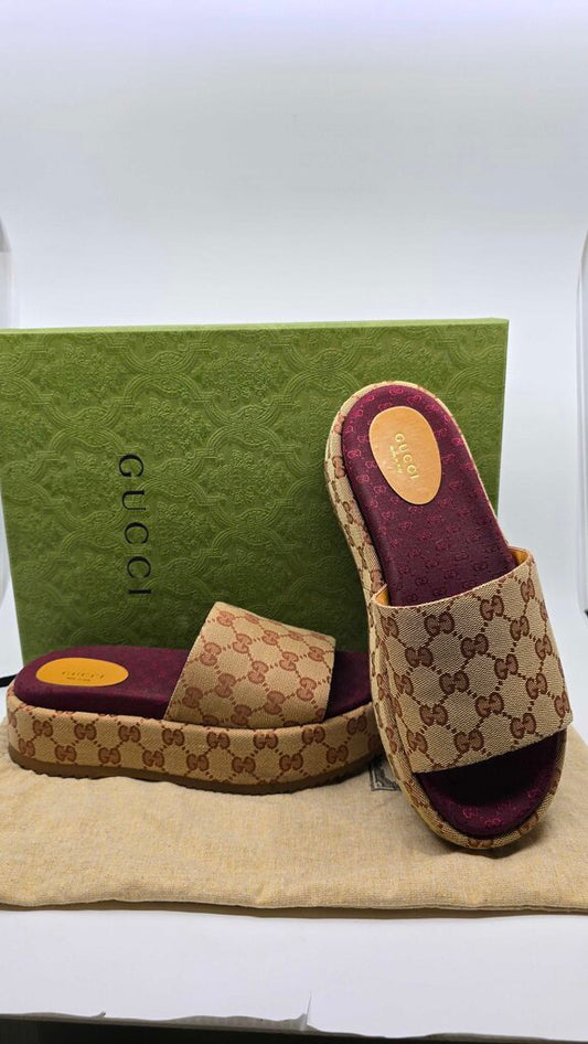 Gucci Angelina GG Logo Canvas Platform Slide Sandal