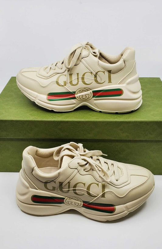 Gucci Rhyton Sneakers w/ Vintage Logo Crafted from Ivory Leather