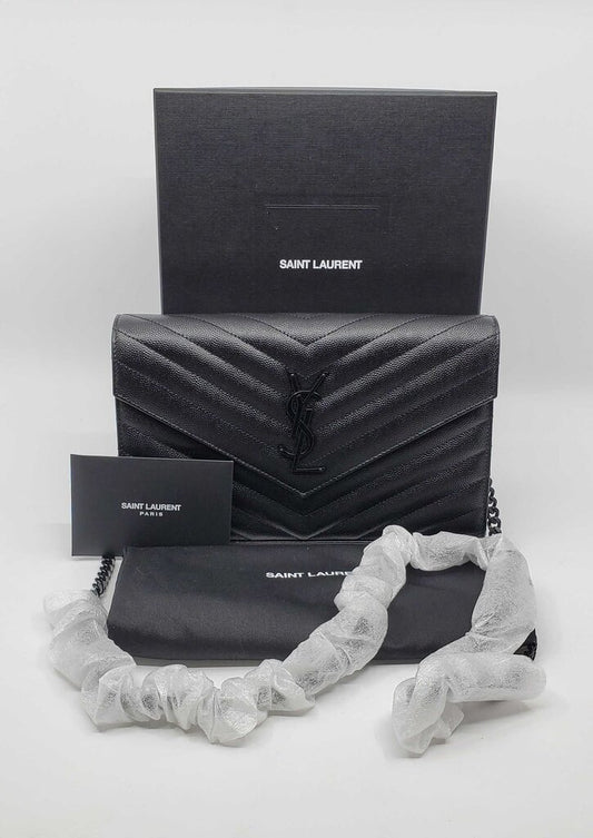 YSL Cassandre Envelope Chain Wallet Cheveron Quilting & Black Hardware