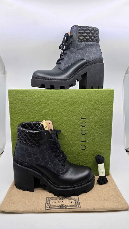 Gucci GG Supreme Canvas Quilted Leather Heeled Ankle Boots