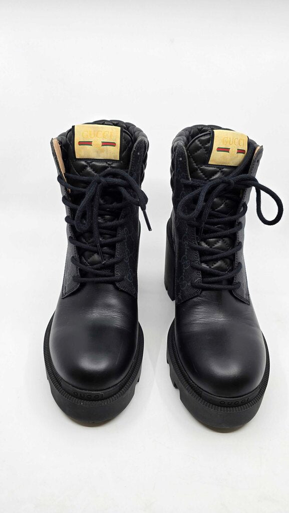 Gucci GG Supreme Canvas Quilted Leather Heeled Ankle Boots