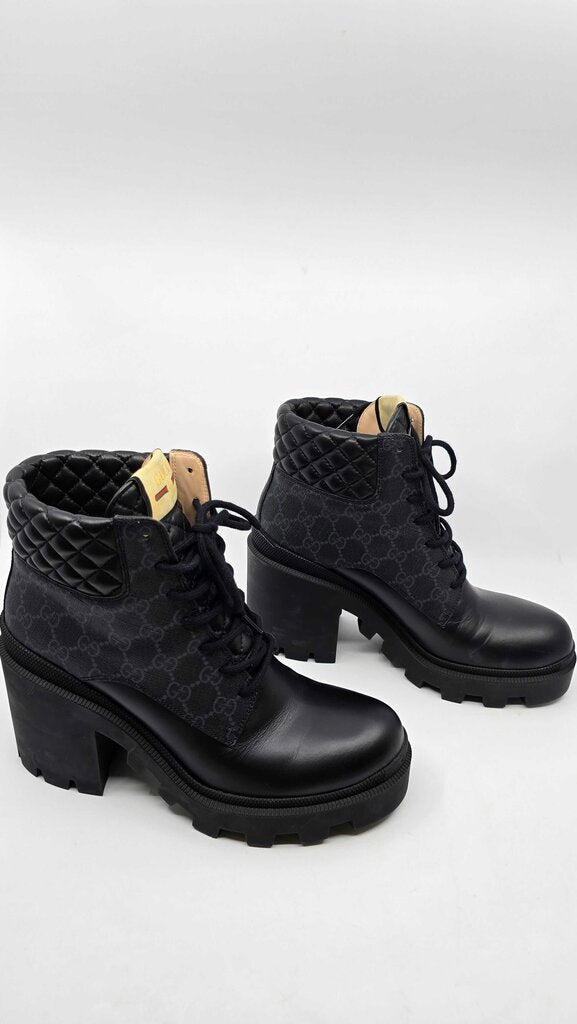 Gucci GG Supreme Canvas Quilted Leather Heeled Ankle Boots
