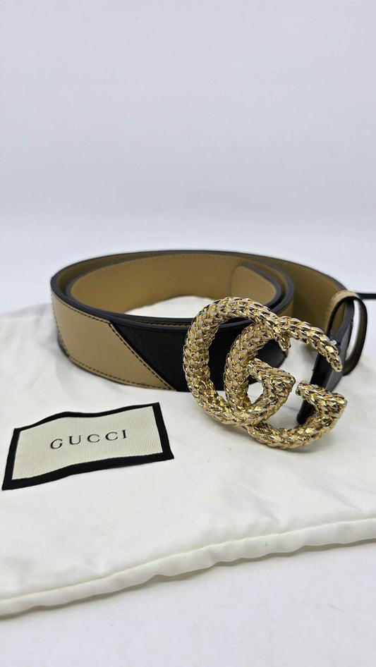 Gucci Calfskin Striped Textured Double G Belt