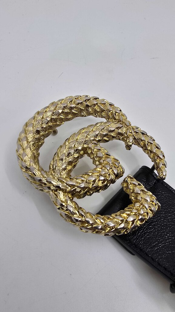 Gucci Calfskin Striped Textured Double G Belt