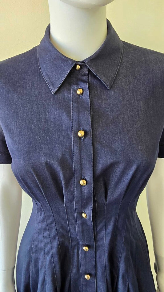 Carolina Herrera Pintuck Waist Stretch Denim Shirtdress