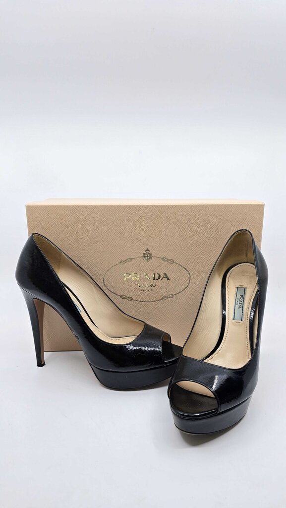 Prada Saffiano Leather Peep-Toe Platform Pumps