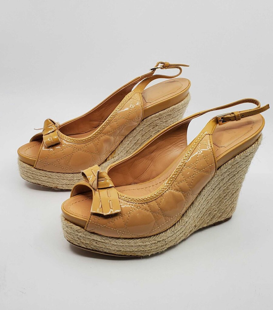 Christian Dior Vintage Patent Leather Cannage Espadrille Wedges
