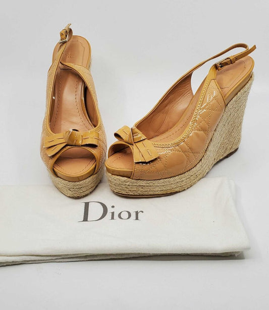Christian Dior Vintage Patent Leather Cannage Espadrille Wedges