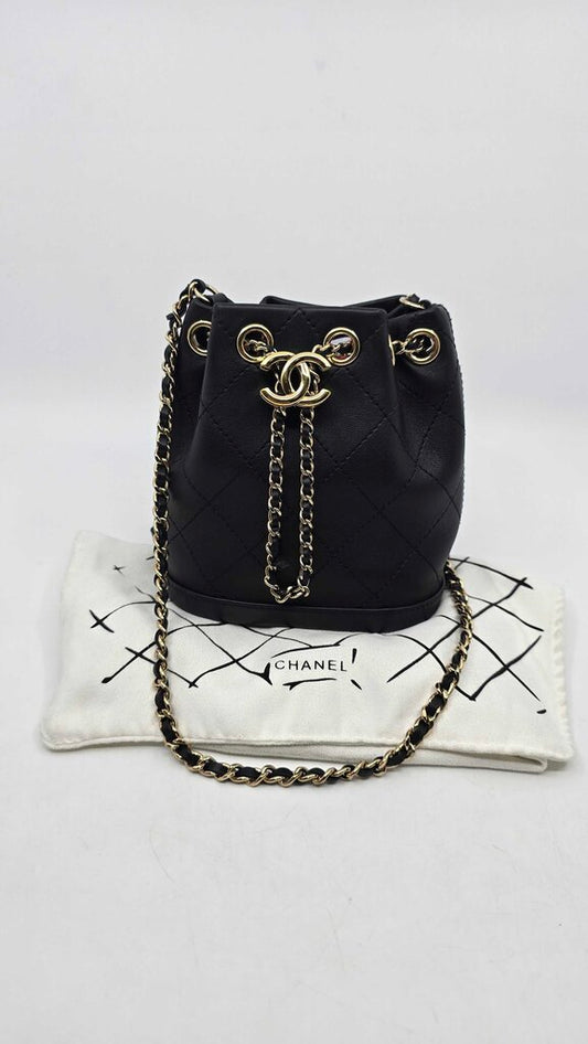 Chanel drawstring quilted lambskin mini bucket bag