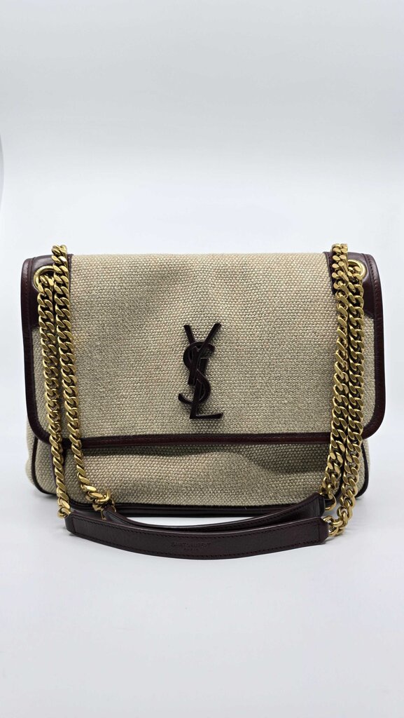 YSL Medium Niki Chain Satchel in Natural Canvas & chocolate Leather