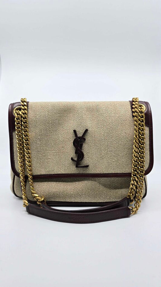 YSL Medium Niki Chain Satchel in Natural Canvas & chocolate Leather