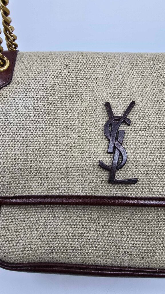 YSL Medium Niki Chain Satchel in Natural Canvas & chocolate Leather