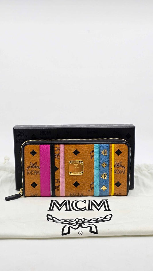 MCM Visetos Striped Zip Around Wallet