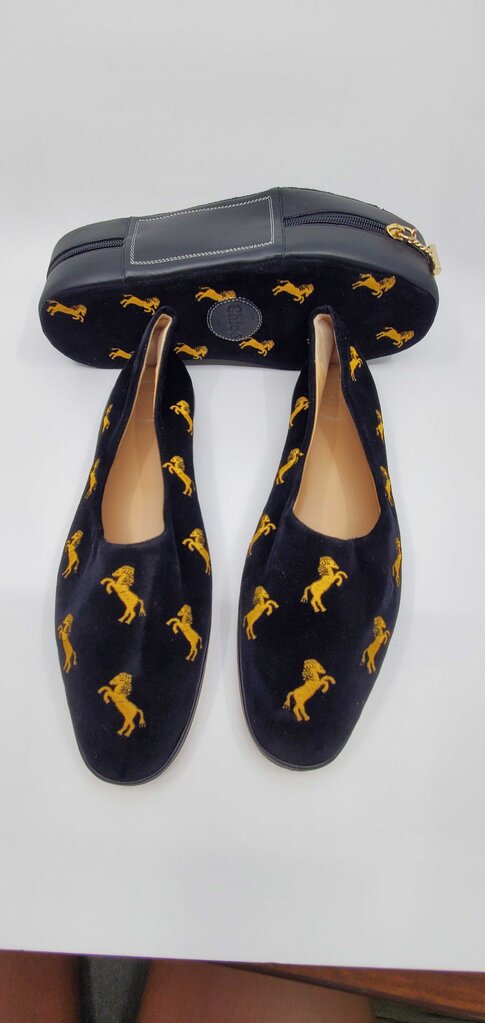 Chloe Skye velvet flats featuring gold "little horses" embroidery