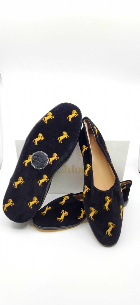 Chloe Skye velvet flats featuring gold "little horses" embroidery