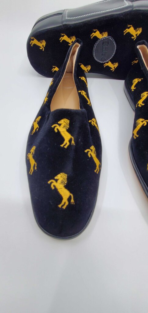 Chloe Skye velvet flats featuring gold "little horses" embroidery