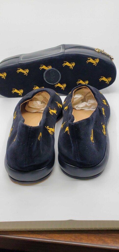 Chloe Skye velvet flats featuring gold "little horses" embroidery