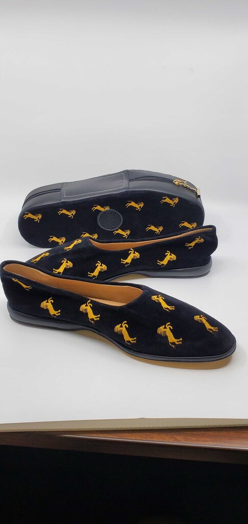 Chloe Skye velvet flats featuring gold "little horses" embroidery
