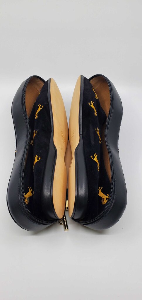 Chloe Skye velvet flats featuring gold "little horses" embroidery