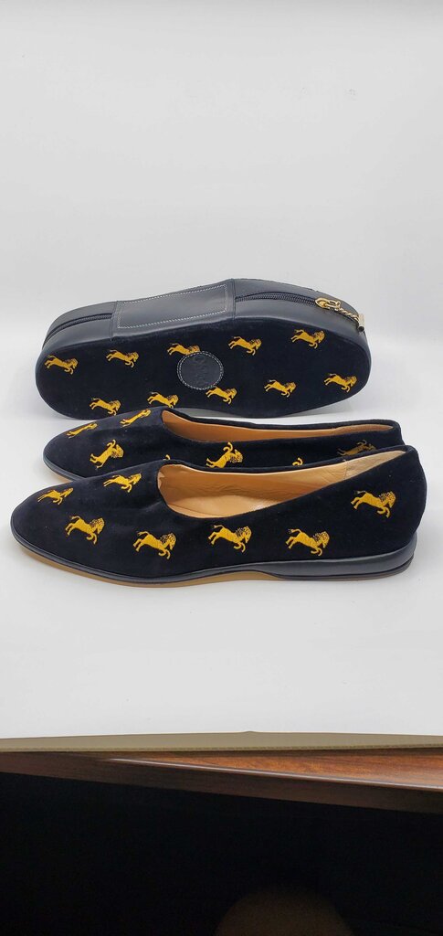 Chloe Skye velvet flats featuring gold "little horses" embroidery