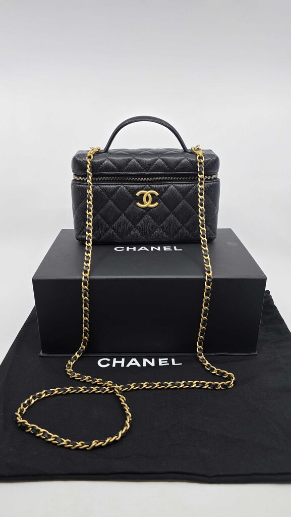 Chanel top handle long vanity case caviar
