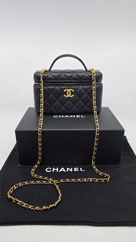 Chanel top handle long vanity case caviar