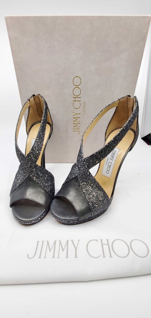 Jimmy Choo anthracite glitter t-strap peep toe pumps