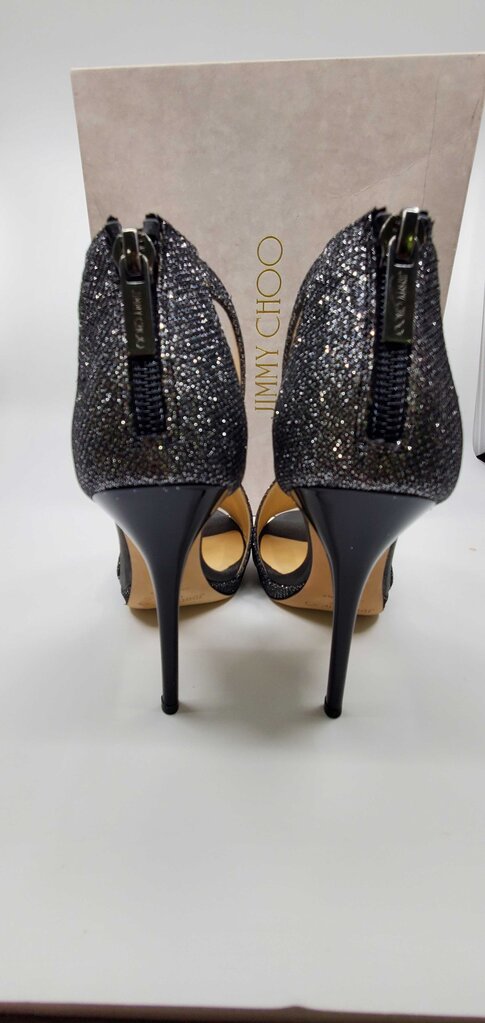 Jimmy Choo anthracite glitter t-strap peep toe pumps