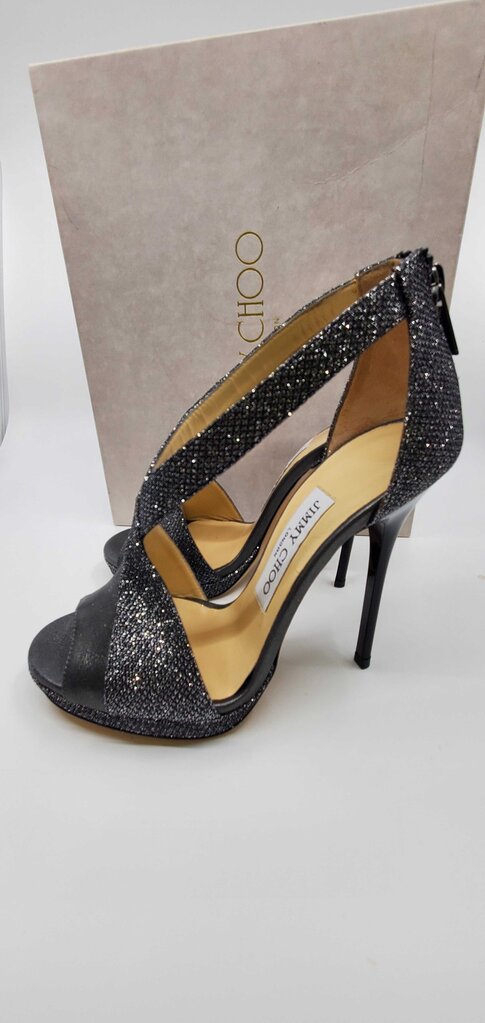 Jimmy Choo anthracite glitter t-strap peep toe pumps