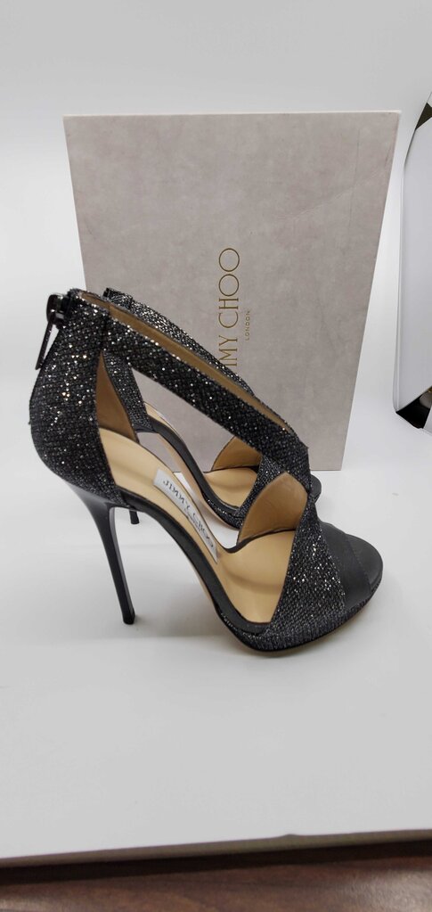 Jimmy Choo anthracite glitter t-strap peep toe pumps