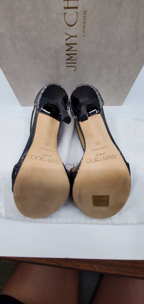 Jimmy Choo anthracite glitter t-strap peep toe pumps