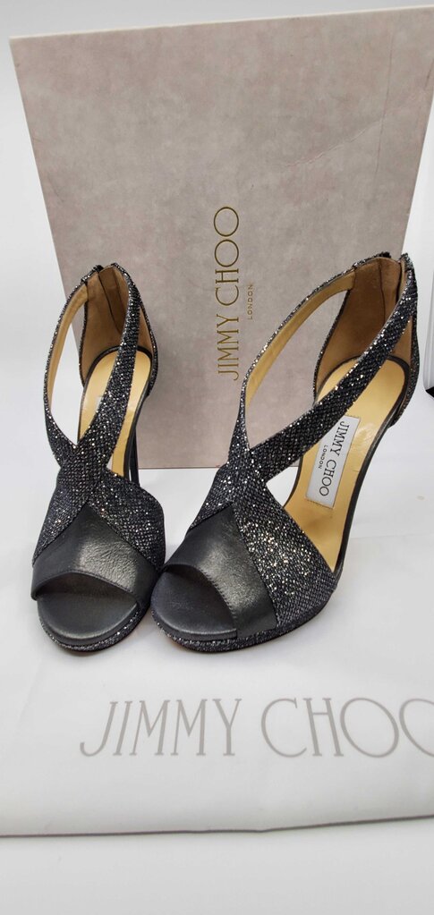Jimmy Choo anthracite glitter t-strap peep toe pumps