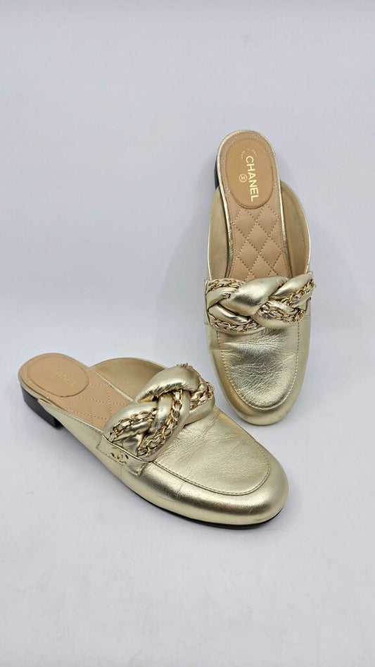 Chanel Metallic Leather Mules w/ Braided Chain