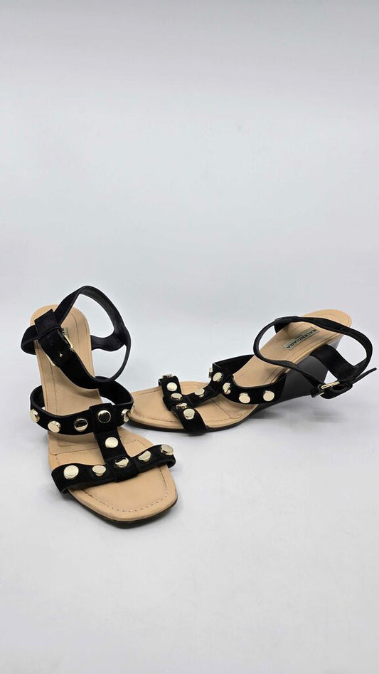 Balenciaga Leather Studded Accent T-Strap Sandals