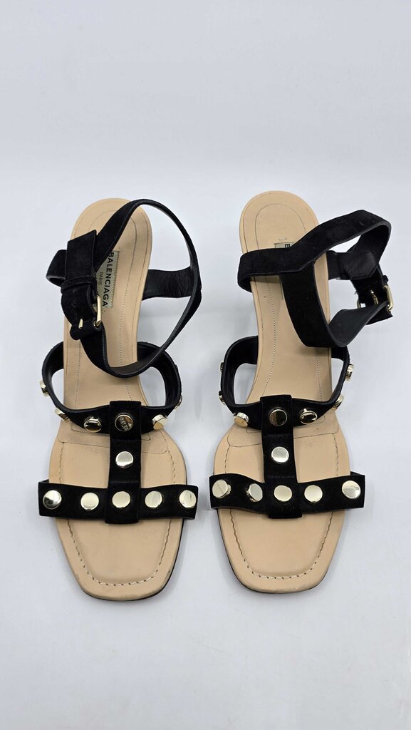 Balenciaga Leather Studded Accent T-Strap Sandals